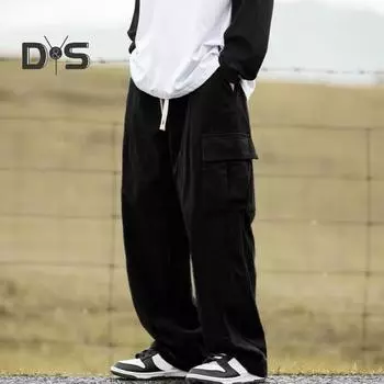 Мужские брюки с эластичной талией, регулируемые на шнурке, длинные брюки с карманами с клапанами, однотонные свободные вельветовые брюки XXL чёрный