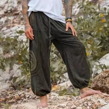 Мужские брюки с этническим принтом, свободные, с эластичной резинкой на талии, винтажные боковые карманы, плиссированные, повседневная одежда, длинные брюки M темно-зеленого