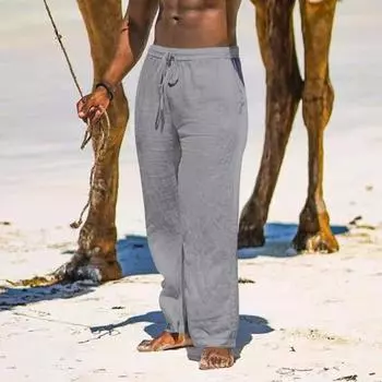 Мужские брюки с карманами, эластичным поясом на шнурке, прямые, широкие, однотонные, тонкие, свободные, повседневные, пляжные, длинные брюки XL серый