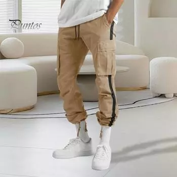 Мужские брюки с несколькими карманами, эластичный пояс на шнурке, широкие свободные брюки-карго, повседневные однотонные спортивные штаны для походов на свежем воздухе и кемпинга M хаки