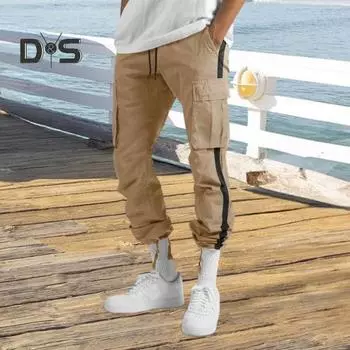 Мужские брюки с несколькими карманами, эластичный пояс на шнурке, широкие свободные брюки-карго, повседневные однотонные спортивные штаны для походов на свежем воздухе и кемпинга M хаки
