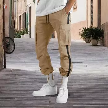 Мужские брюки с несколькими карманами, эластичный пояс на шнурке, широкие свободные брюки-карго, повседневные однотонные спортивные штаны для походов на свежем воздухе и кемпинга M хаки