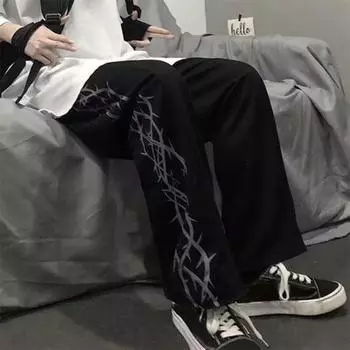 Мужские брюки с принтом шипов, широкие прямые, в стиле High Street, свободные, ретро, с эластичной резинкой на талии, полная длина M чёрный