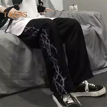 Мужские брюки с принтом шипов, широкие прямые брюки в уличном стиле, свободные, ретро, с эластичной талией, длинные, для молодежи и подростка, для путешествий и отдыха на природе M чёрный