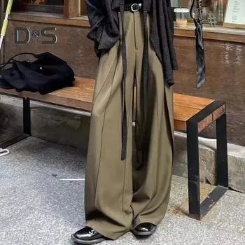 Мужские брюки с широкими штанинами длиной до пола, сплошной цвет с глубокой промежностью, свободные ретро хип-хоп уличная одежда, мешковатые лоскутные брюки для костюма, отдельные длинные брюки M кофейный