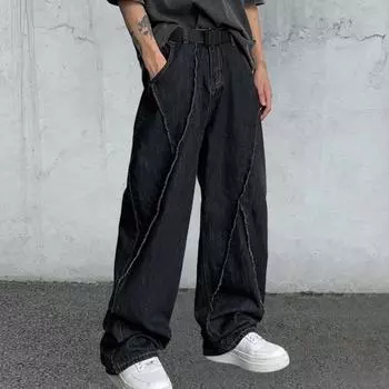 Мужские брюки с широкими штанинами, свободные, с глубокой промежностью, однотонные, унисекс, с прямой застежкой-молнией на пуговицах 2XL чёрный