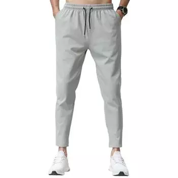 Мужские брюки с укрепленными карманами, затягивающимся шнурком на талии, повседневные однотонные брюки, летние прямые брюки L серый