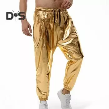Мужские брюки с завязками, эластичной талией, глянцевой поверхностью, свободные, мягкие, дышащие, боковые карманы, плиссированные, одноцветные, шаровары, повседневные, повседневные, длинные, для бега M серебряный
