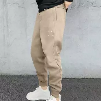 Мужские брюки с завязками и эластичной резинкой на талии, лоскутные повседневные мягкие теплые карманы, свободные девятые брюки, весенне-осенние спортивные штаны L чёрный