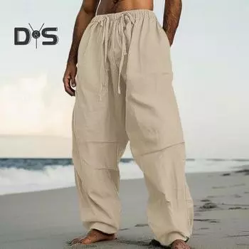 Мужские брюки с завязками на резинке на талии, прямые, широкие, однотонные, с карманами, повседневные, спортивные, длинные, спортивные брюки L абрикосовый