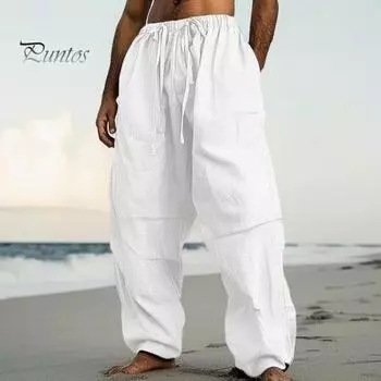 Мужские брюки с завязками на резинке на талии, прямые, широкие, однотонные, с карманами, повседневные, спортивные, длинные, спортивные брюки L чёрный