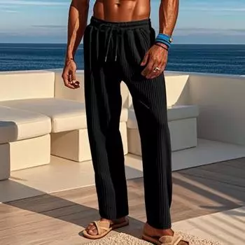 Мужские брюки с завязками на талии, широкие свободные брюки с боковыми карманами, плиссированный дизайн, однотонные повседневные спортивные брюки полной длины M чёрный