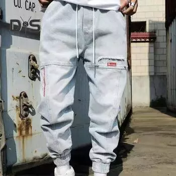 Мужские брюки-шаровары с эластичной резинкой на талии и карманами на щиколотке, сплошной цвет, большие размеры, свободные брюки-карго в стиле хип-хоп, повседневная уличная одежда, летние весенние брюки-карго M светло-синий