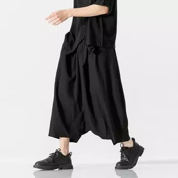 Мужские брюки-шаровары с заниженным шаговым швом, однотонные повседневные брюки, мужские свободные мешковатые брюки в стиле хип-хоп, новинка 2024 года, хлопковые юбки длиной до икры, мужские брюки с широкими штанинами L чёрный