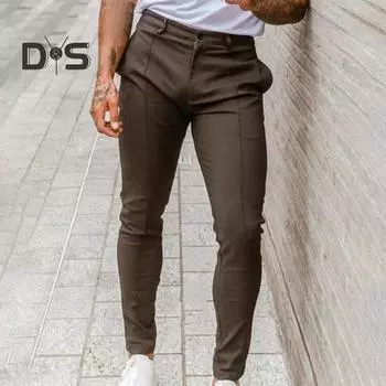 Мужские брюки Slim Fit сплошной цвет со средней талией мягкие тонкие дышащие косые карманы до щиколотки на пуговицах на молнии мужские деловые длинные брюки 2XL темно-синий