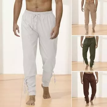 Мужские брюки со средней посадкой, эластичные леггинсы с завязками на талии, однотонные брюки для косплея, традиционные средневековые театральные костюмы 2XL хаки