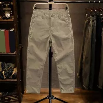 Мужские брюки со средней талией, застежка-молния на пуговицах, сплошной цвет, мягкие дышащие прямые тонкие свободные карманы для поглощения пота, повседневные девятые брюки L хаки