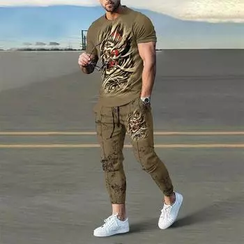 Мужские брюки, спортивный костюм, комплект из 2 предметов, модные летние топы большого размера, футболки с короткими рукавами + длинные спортивные штаны, мужская одежда XXXL
