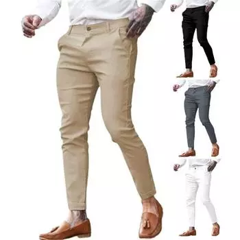 Мужские брюки средней посадки, однотонные, длинные, с карманами, застежкой-молнией и пуговицами, брюки-карандаш M белый