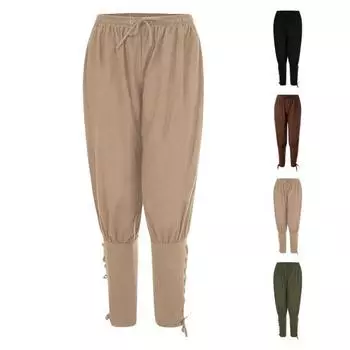 Мужские брюки средневекового пирата с ремешком на щиколотке, со шнуровкой, эластичным поясом, плиссированные, свободные, однотонные, укороченные брюки для косплея M зелёный