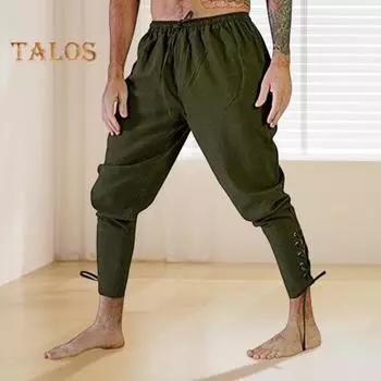 Мужские брюки средневекового пирата со шнуровкой на щиколотке, эластичный пояс, плиссированные свободные однотонные укороченные брюки, костюм для косплея M зелёный