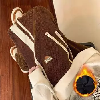 Мужские брюки толстые плюшевые прямые широкие повседневные свободные полосатые с глубоким шаговым швом M кофейный