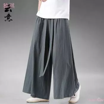 Мужские брюки-юбки из ледяного шелка в стиле ханьфу - широкие брюки в китайском стиле ретро-дзэн 2XL чёрный