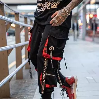 Мужские брюки уличные хип-хоп лямки брюки мужские брюки модные мужские брюки S чёрный