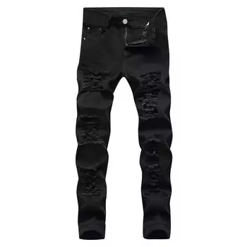 Мужские брюки Узкие джинсовые брюки Прямые брюки Однотонные рваные джинсы 32 красный