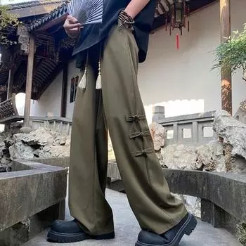 Мужские брюки в китайском стиле с кисточками и узлом с декором Прямые широкие брюки Свободные шнурки с эластичной резинкой на талии Сплошные цветные карманы Ретро Длинные брюки во всю длину XL чёрный