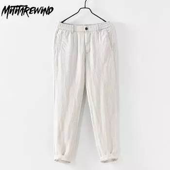 Мужские брюки в стиле Харадзюку на весну и лето, повседневные длинные брюки, повседневные брюки с эластичной резинкой на талии, мешковатые брюки из чистого льна, дышащие мужские брюки M белый