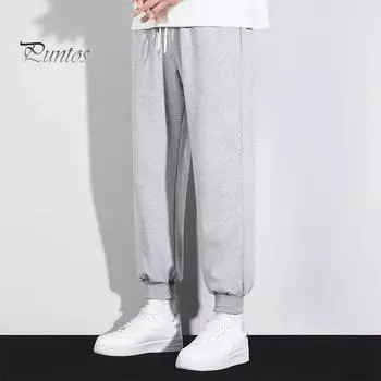 Мужские брюки весна-осень с боковыми карманами, эластичный пояс на шнурке, широкие тонкие брюки, однотонные свободные спортивные брюки в уличном стиле M серый