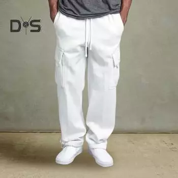 Мужские брюки весна-осень с несколькими карманами, эластичный пояс на шнурке, широкие штаны, большие размеры, спортивные брюки, эластичные, однотонные, свободные, уличный стиль, спорт S белый