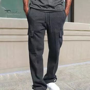Мужские брюки весна-осень с несколькими карманами, эластичный пояс на шнурке, широкие штаны, большие размеры, спортивные брюки, эластичные, однотонные, свободные, уличный стиль, спорт S серый