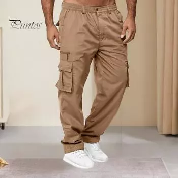 Мужские брюки весна-осень с несколькими карманами, эластичный пояс, прямые спортивные брюки, эластичные брюки, однотонные свободные уличные спортивные брюки для бега XXL чёрный