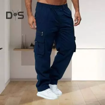 Мужские брюки весна-осень с несколькими карманами, эластичный пояс, прямые спортивные брюки, эластичные брюки, однотонные свободные уличные спортивные брюки для бега XXL армия зеленый