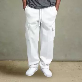 Мужские брюки весна-осень с несколькими карманами, эластичный пояс на шнурке, широкие штаны, большие размеры, спортивные брюки, эластичные, однотонные, свободные, уличный стиль, спорт S красный