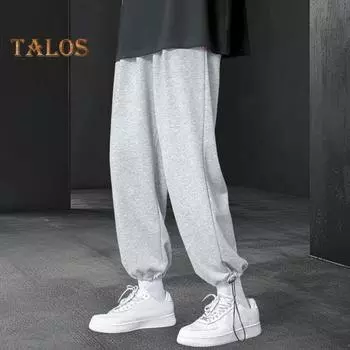 Мужские брюки весна-осень с завязками на талии и эластичным поясом, прямые, широкие, прямые, больших размеров, однотонные, свободные, уличные, спортивные брюки L чёрный