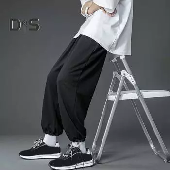 Мужские брюки весна-осень с завязками на талии и эластичным поясом, прямые, широкие, прямые, больших размеров, однотонные, свободные, уличные, спортивные брюки L серый