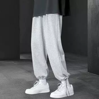 Мужские брюки весна-осень с завязками на талии, эластичные, прямые, широкие, большие размеры M чёрный