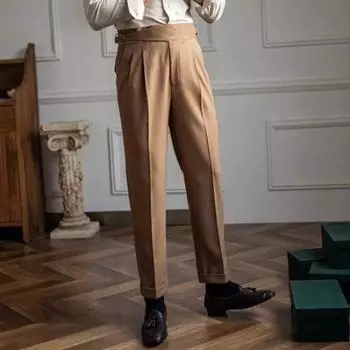 Мужские брюки Yousheng, застежка-молния, регулируемая талия, прямые брюки в английском стиле, однотонные, свободные, формальные, деловые, офисные брюки 28 бежевый