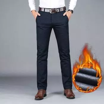 Мужские брюки, зимние новые деловые повседневные флисовые брюки, модные эластичные прямые брюки высокого качества, классические черные, синие утепленные брюки 29 чёрный