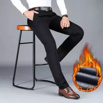 Мужские брюки, зимние новые деловые повседневные флисовые брюки, модные эластичные прямые брюки высокого качества, классические черные, синие утепленные брюки 31 чёрный