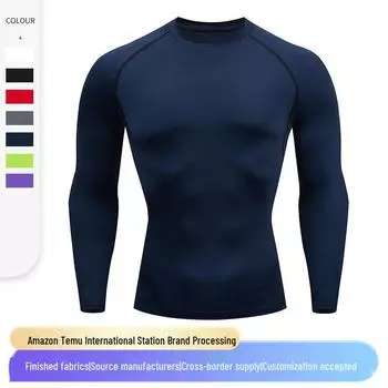 Мужские быстросохнущие леггинсы для бега и тренировок с длинным рукавом 2024 года — однотонные, дышащие, эластичные, с круглым вырезом, одежда для фитнеса. Asian size S (European and American size XXS) тёмно-синий
