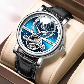 Мужские часы Автоматические механические часы Полые светящиеся скелетонированные часы с турбийоном для мужчин Автоматические чёрный/синий