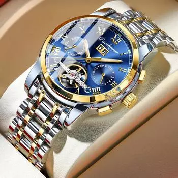 Мужские часы автоматические механические деловые наручные часы водонепроницаемые часы из нержавеющей стали с ремешком для мужчин скелетон календарь silver blue