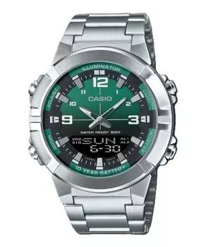 Мужские часы Casio Analog Digital Combination из нержавеющей стали с зеленым циферблатом, кварцевые, AMW-870DA-3AV зелёный