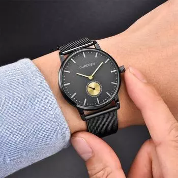 Мужские часы CURDDEN, кварцевые часы, водонепроницаемый ремешок из нержавеющей стали чёрный