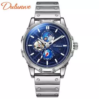 Мужские часы Dulunwe Starry Sky, автоматические механические часы с изображением солнца, луны и звезд, механические часы класса люкс, классические наручные часы Silicone Strap синий/серебряный