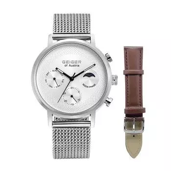 Мужские часы Geiger Sun & Moon Multi Mesh GE1215WT + комплект с кожаным ремешком